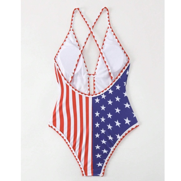 4th of July Festive Stars Stripes Criss Cross one Piece Monokini Swimsuit - Picture 7 of 7